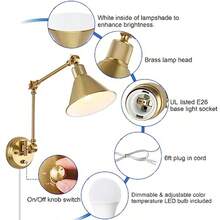 TRLIFE - Aplique de pared con control remoto latón cepillado apliques de pared regulables y ajustables de temperatura de color de 2700 K-6000 K luces de pared con brazo oscilante con cable enchufable certificación UL 2 unidades 2 bombillas - Oro - Ver 4