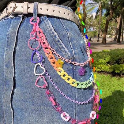 1 pieza Cadena de pantalón con flor en forma de corazón dulce y fresca, cadena de resina de doble capa, accesorio de moda callejera, cadena desmontable adecuada para festivales de música, estilo callejero, fiestas temáticas y2k