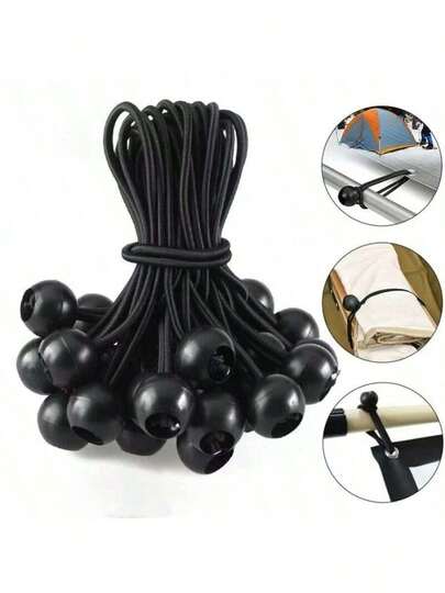 10pcs/20pcs Heavy Duty Nylon Elastic Cord With Metal Ball Snap Hooks - 55.34 Kg Tensile Strength, Waterproof Black Bungee Cord, Suitable For Tent Pegs, Camping Gear And Outdoor Equipment, Durable Flexible Heavy Duty Rope, Fastening, Camping Essentials | Functional Design | Metal Clip Durable, Handcraft Rope