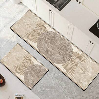 Alfombra de goma absorbente de 3.5 mm de grosor, grande o pequeña, de estilo minimalista moderno o de madera, color caqui con un patrón de ondas concéntricas, se puede recortar para adaptarse a la cocina. Compuesta por una capa superior de tela, una capa intermedia de esponja y una capa inferior de goma. Adecuada para la cocina, la sala de estar, el dormitorio, la habitación, el mouse pad, el baño, la entrada, el exterior, el balcón, el pasillo y otros espacios del hogar.