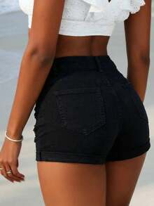 Women's Sexy Distressed Stretch Fitted Straight Leg Denim Shorts, Summer - Black - View 3
