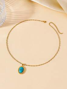 1pc Vintage Tiger Eye Gemstone Pendant Copper Necklace, Oval Sunburst Heart Rhinestone Plated Gold Stainless Steel Chain, Suitable For Women's Daily And Festival Wear Or Jewelry Gift - Gold + Royal Blue - View 4