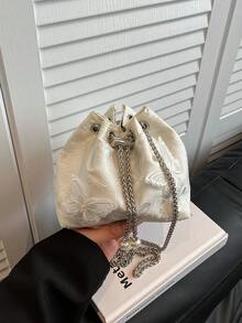 1pc White Butterfly Embroidered Crossbody Bag, Featuring Metal Chain Strap For Elegant & Versatile Look - White - View 4