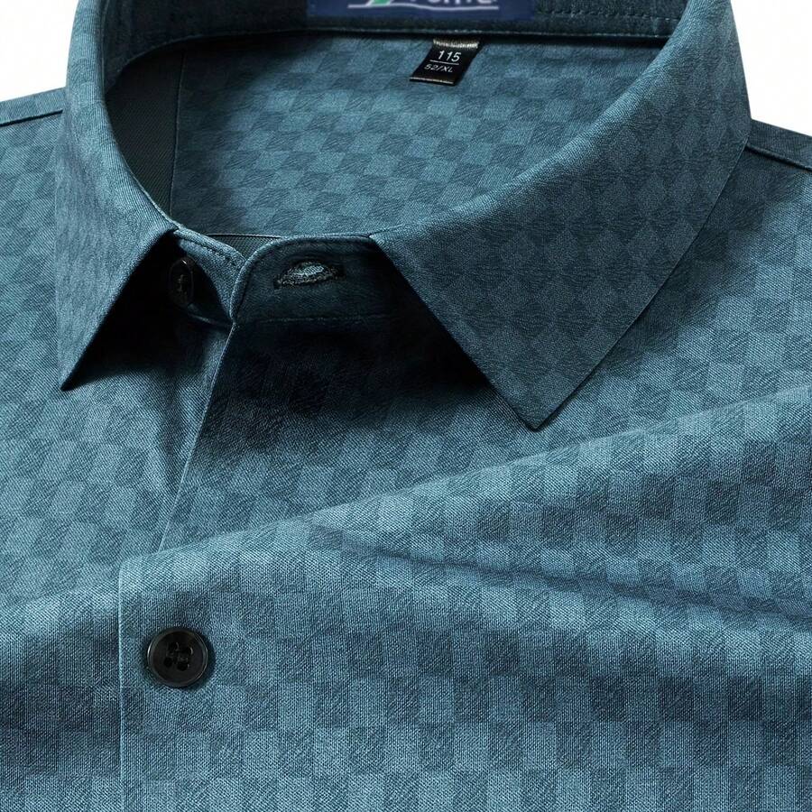 FORTEI Men's Casual Checkered Long Sleeve Shirt - Stretch Comfort Fit, Classic Point Collar, Machine Washable Spring Business Casual Shirt With Single-Button Cuffs, Comfortable Daily Wear - Gray Blue - View 1