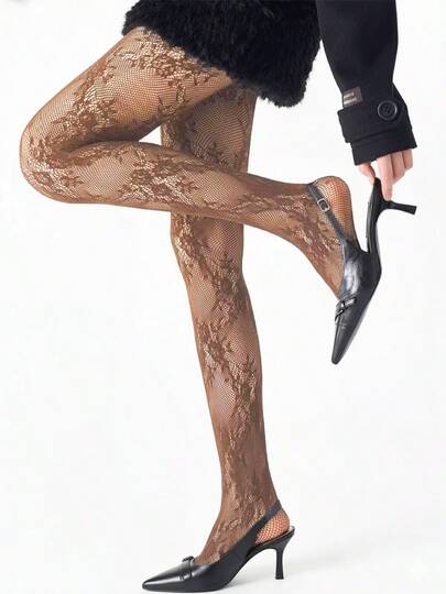 1 Pair Women Sexy Rose Fishnet Stockings, Fashion Floral Leggings, High Elasticity Slimming Shaping Tights, Suitable For Spring/Autumn Daily Wear, Office, Nightclub Party