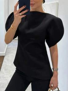 DEEKA 夏季新款女装时尚百搭花瓣袖黑色毕业上衣 - 黑色 - 查看 4