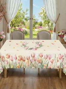 1pc Elegant Tulip & Floral Print Tablecloth, Durable Polyester Tablecloth With Ruffled Edges, Stain-Resistant Waterproof Washable Wrinkle-Free Table Cover, Suitable For Various Occasions Like Spring Holidays, Thanksgiving Dinner, Patio Parties, Home Decor, Essential Dining Table And Kitchen Dining Accessory, Home Decor Tablecloth, Wedding Tablecloth, Wedding Table Decor, Room Decor, Vintage Decor - Black - View 6