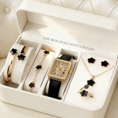 7pcs Black & Gold Contrast Classic Durable Accessories Set - Watch + Bracelet + Necklace + Ring + Earrings, Treasure Trove To Enhance Your Style, Shines In Daily Wear