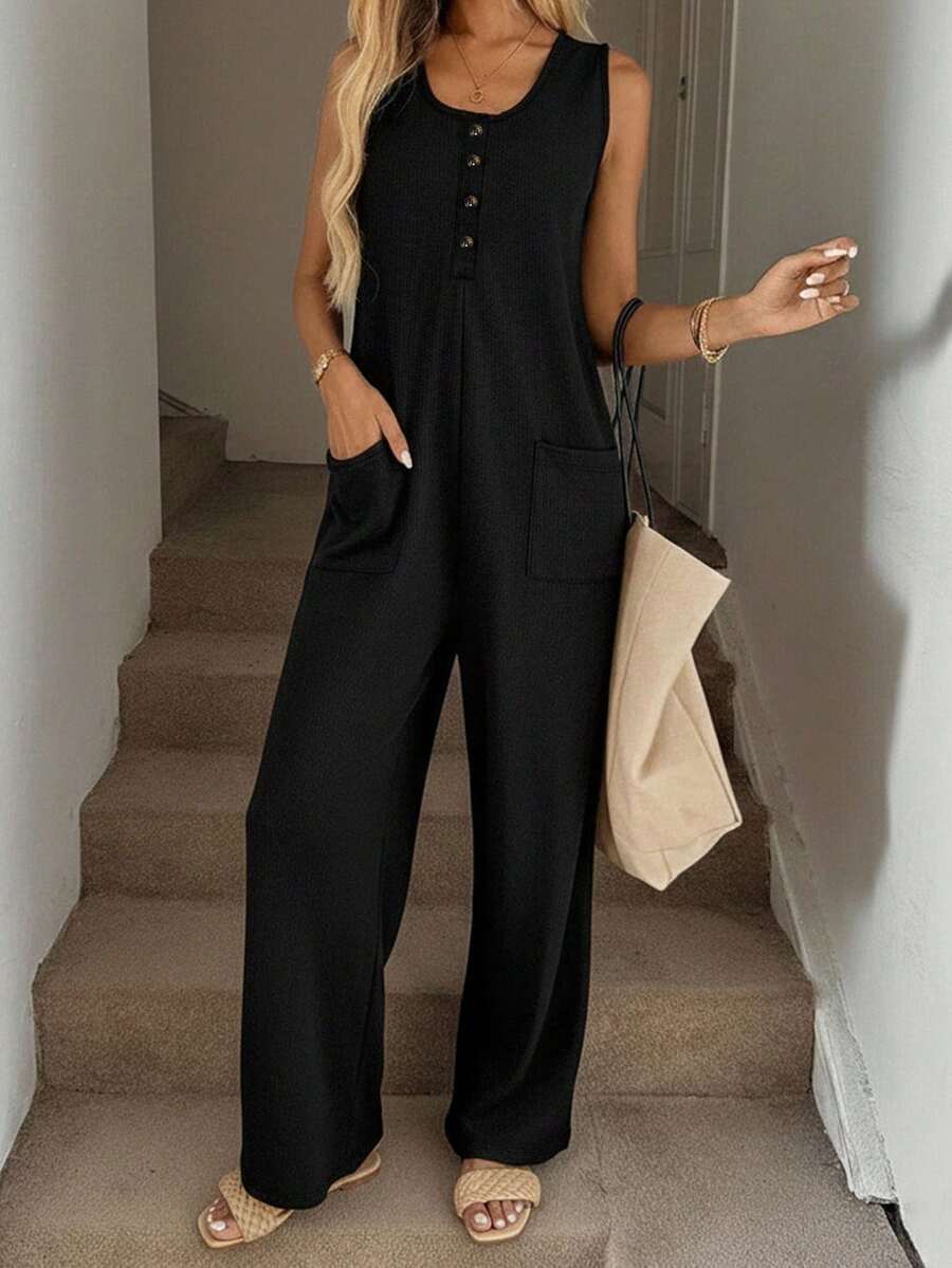 女士纯色休闲舒适前扣无袖连体裤，夏季黑色 - 黑色 - 查看 1