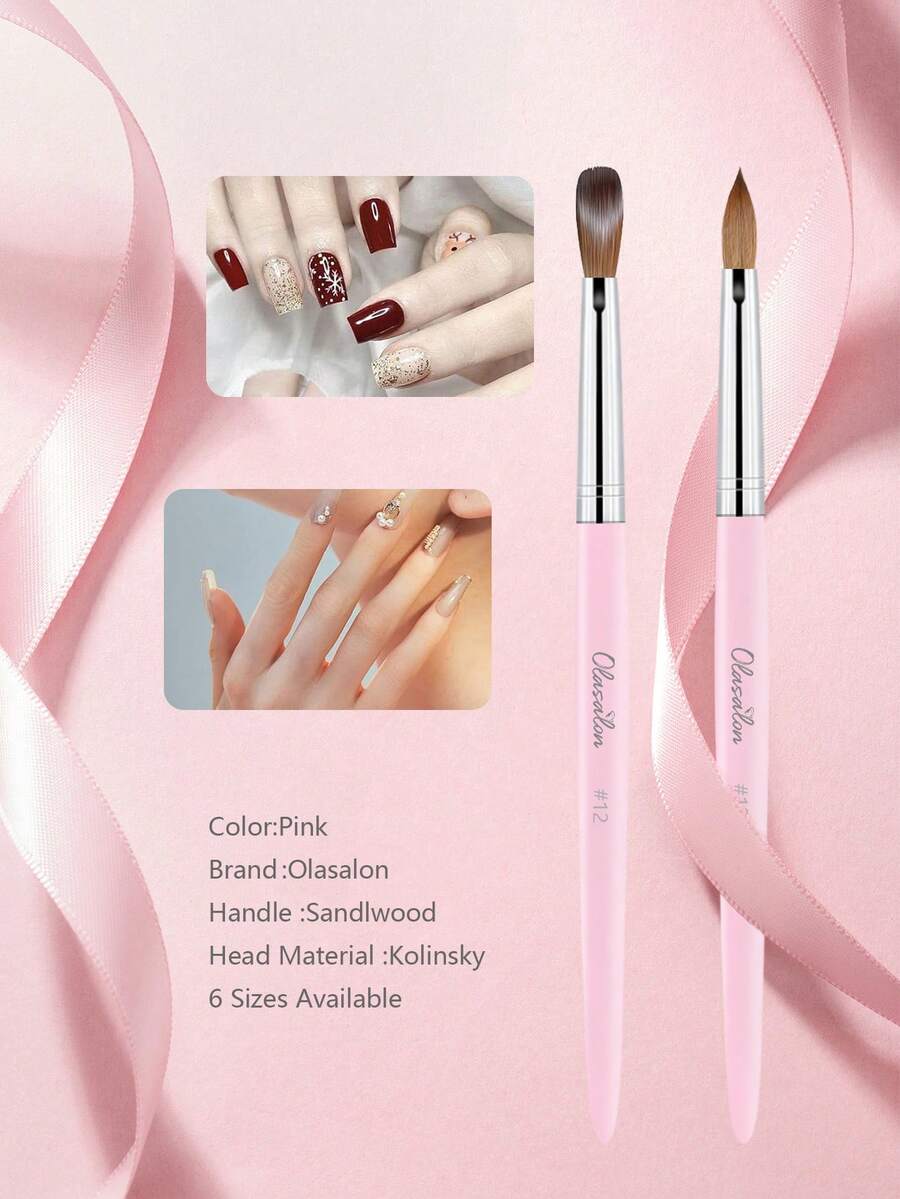 Olasalon 100%纯貂毛亚克力美甲刷，檀香粉色木柄，适用于亚克力指甲油和亚克力粉，专业美甲刷