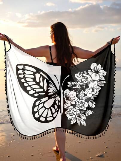 Plus Size Women's New Butterfly Print Beach Wrap Skirt, Tassel Design, Versatile Wear