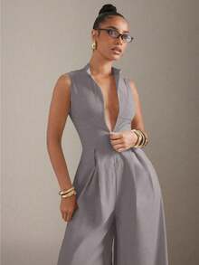 Extreme Wide Leg Zip Front Sleeveless Jumpsuit - Grey - View 6