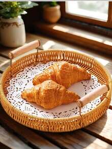 1 pieza Bandeja ovalada tejida a mano de ratán, plato portátil de estilo japonés para postres y frutas, cesta de almacenamiento, adecuada para almacenamiento, decoración, decoración rústica del hogar, maceta, portavelas, accesorios navideños, suministros para fiestas de cumpleaños, regalo de cumpleaños - Marrón moca-con asa - Ver 3
