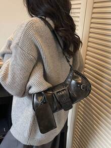 一套复古简约单肩包和腋下包，时尚机车风斜挎包，女士 - 黑色 - 查看 4