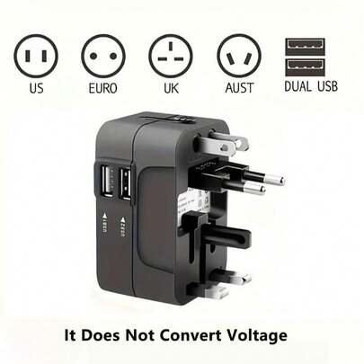 Universal Travel Adapter, Dual USB Ports, 110V-240V Input, EU/US/UK/AU Plugs, Surge Protection, Suitable For Over 150 Countries, Essential For Business Trip And Travel