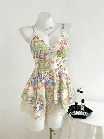 女士印花荷叶边不对称下摆吊带背心