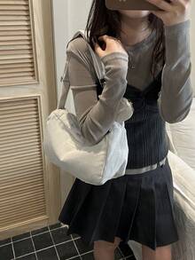 1件白色灯芯绒面料顺滑拉链字母装饰时尚休闲纯色简约春季新款独特斜肩女士手提包，适合女性日常使用 - 白色 - 查看 9
