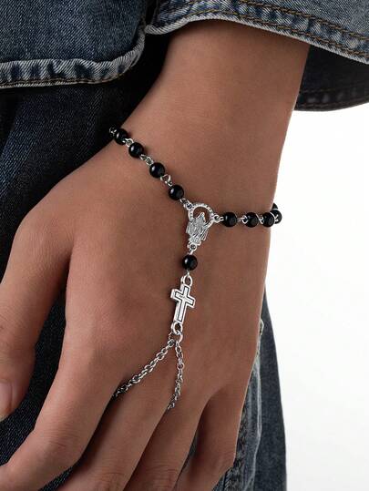 1pc Gothic Style Metal Chain Cross & Acrylic Rosary Knuckle Bracelet, Religious Jewelry Suitable For Daily Wear, Gatherings And Parties