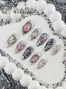 10Pcs/Set Hand-Made Almond Full Coverage Artificial Nails, Medium Length, Pink, Sweet And Cute Style, Suitable For Women And Girls, Can Be Used As Gifts, Includes 1Pc Jelly Pad And 1Pc Nail Shaper Pen Press On Nails Nail Supplies Nails Handmade Press On Nails - 粉色 - 查看 3