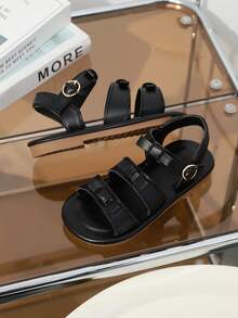 1双黑色软皮幼儿/小女孩平底凉鞋，圆头蝴蝶结，可调节鞋带，防滑软底，适合3-12岁女孩，日常、海滩穿着，2026春夏款 - 黑色 - 查看 5