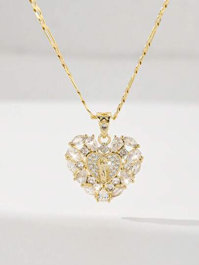  1pc Classic European & American Style Copper Inlaid Zirconia Large Vintage Gold Heart-Shaped St. Jude Protector's Light Limited Edition Pendant Necklace, Suitable For Christmas/Thanksgiving/Halloween/Mother's/Valentine's Day Gifts For Couples/Friends/Godparents, Catholic First Communion, Gifts, Daily & Holiday Wear Prayer