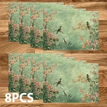 Bộ 4/6/8 tấm lót bàn ăn họa tiết chim và hoa cổ điển, trang trí tiệc, thảm trải bàn bằng vải lanh (khăn trải bàn in có thể giặt), tấm bảo vệ bề mặt, vật trang trí lý tưởng cho nhà bếp trong dịp lễ và các buổi họp mặt gia đình. - Nhiều màu - Xem 12
