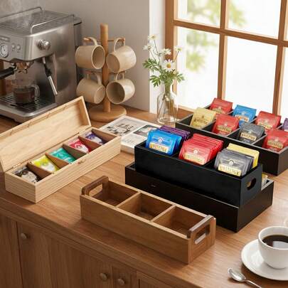Holz Kaffee Aufbewahrungsbox, Teebeutel Organizer, Kaffeekapsel Aufbewahrungsfach, Kaffee Station Organizer Regal für die Arbeitsplatte, Küchen Kaffee Bar Zubehör, Mehrkammer Kaffee Aufbewahrungsbox, Haushalt Arbeitsplatten Aufbewahrung