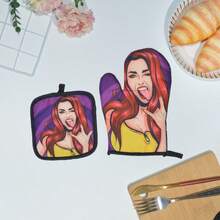 Bộ găng tay lò vi sóng in kỹ thuật số hình nữ đầu bếp, miếng lót dày chịu nhiệt, găng tay nướng và miếng lót nồi chịu nhiệt in hình. - Nhiều màu - Xem 5