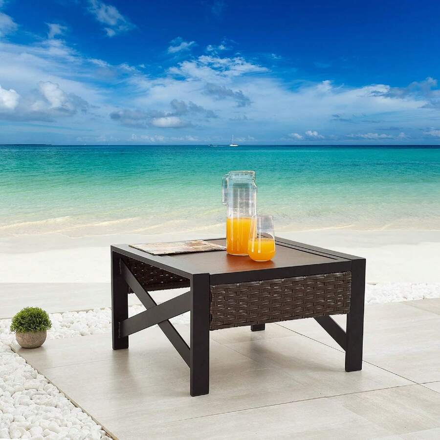 Patio Bistro Side Coffee Table Outdoor Furniture Dining Table With Wooden Grain Tabletop, Woven Wicker Rattan, Metal Frame For Deck Poolside Garden Porch (Brown) - Brown - View 1