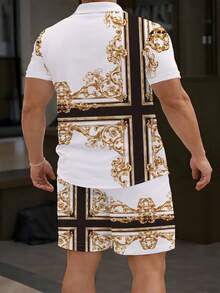 A Set Of Men's Short-Sleeve Cuban-Collar Shirt And Beach Pants, Refined And Luxurious, Woven Fabric, Breathable And Comfortable, For Brother, Suitable For Light Business Trips In Summer, White, Brown And Gold Baroque Frame Print - Nhiều màu - Xem 3