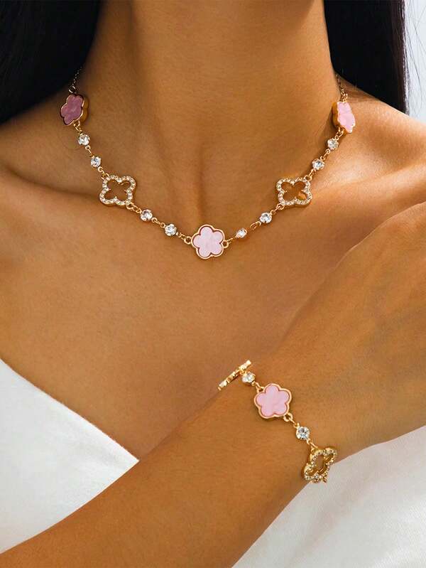 1 Set Romantic, Delicate, Luxurious, Elegant, Sweet, Lucky Hollow Four-Leaf Clover & Five-Leaf Clover Pendant Necklace And Bracelet Jewelry Set For Women