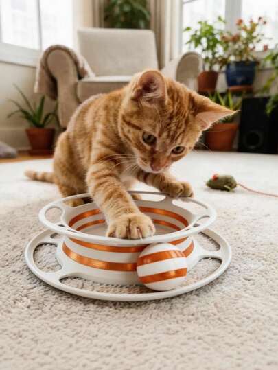 Cat Interactive Turntable Track Toy, White & Orange Striped Rolling Ball, No Power/Glue Needed, Cat Teaser To Stimulate Chasing Instincts