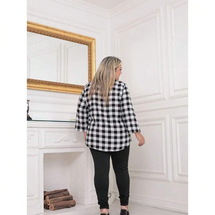 Women's Plus Size Long Sleeve Checkered Shirt In Viscose Linen, Sizes G1 To G4, Comfortable Casual Fashion - 黑與白 - 查看 2