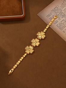 1件中东沙特阿拉伯风格镂空四叶草链手链，金色铜质，送给家人和朋友的礼物 - 金黃色 - 查看 5