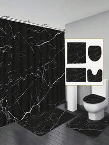Bộ 4 món đơn giản, sang trọng, họa tiết vân đá cẩm thạch, gồm rèm tắm, thảm tắm, thảm chữ U và tấm phủ bồn cầu, 12 móc nhựa, kích thước 71*71 inch. - A - Xem 20