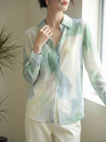 YUXIN Áo sơ mi nữ cổ bẻ bằng vải satin in họa tiết màu nước hồng nhạt - Kiểu dáng rộng rãi, tay dài, nhẹ, phù hợp cho mặc thường ngày, công sở, đi làm và hẹn hò, thoáng khí, phong cách mùa xuân/hè. - Màu xanh Bạc hà - Xem 5