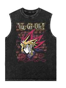 Men's Vintage Washed Black Sleeveless Tank Top,  Yugi Anime Graphic Print, Classic Japanese Trading Card Game Streetwear Muscle Shirt, Casual Loose Fit Cotton Blend Workout Vest For Anime Fans, Summer, And Daily Casual Outfits - 黑色 - 查看 8