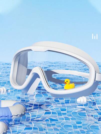 大框防水防雾成人泳镜，内置耳塞，男女通用舒适设计，视野开阔清晰，密封防漏，防紫外线，结构坚固耐用，适用于游泳池、开放水域、训练、海滩活动和水上运动，可调节绑带确保佩戴稳固，是夏季水上娱乐和日常游泳练习的必备专业泳镜。