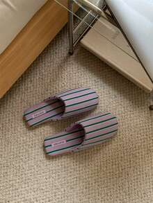 XIXITIAO Minimalist Japanese Style Striped Closed-Toe Slippers | Comfortable Versatile Casual Indoor Slippers | Lightweight Thin-Sole Easy-On Easy-Off Floor Slippers - Green and Purple - View 10