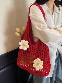 女士针织镂空手提包 新款大容量单肩复合包 编织沙滩度假手提包 夏季西部风针织手提包 女士新款大容量百搭针织休闲单肩包 - 紅色 - 查看 5