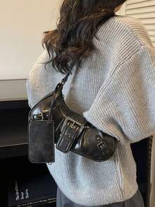 一套复古简约单肩包和腋下包，时尚机车风斜挎包，女士 - 黑色 - 查看 2