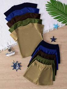 10pcs/Set Boys' Casual Colorful Knit Fabric T-Shirt And Matching Colorful Shorts Outdoor Suit, Spring/Summer - Multicolor - View 2
