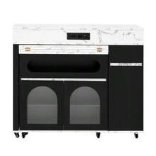 Kitchen Island With Wheels, Extendable Dining Table With Power Strips And Ribbed Glass, Sideboard With One Drawer, Serves As A Kitchen Island, Sideboard For Kitchen And Dining Room (Black) - Black - View 6