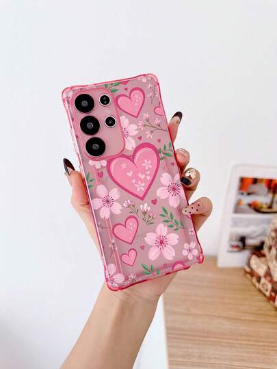 1 pieza Funda protectora de TPU transparente con diseño de corazón rosa y floral en las 4 esquinas, funda de teléfono versátil y creativa compatible con iPhone 6s-17 Pro Max/Mini/Plus/Air, A14/A54/A56/A31 4G/A23, Note 8 Pro/14 Pro 4G/12 4G, A98, S24/S25 Ultra, 15 Pro Ultra/17 Pro Max, versión internacional, no la versión nacional