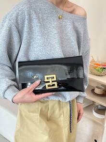 2026新款鳄鱼纹压花信封手拿包，高品质简约腋下包，大容量纯色亮面女士手提包 - 黑色 - 查看 7