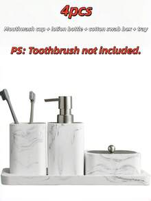 4pcs Marble Bathroom Accessories Set, Including Tumbler, Soap Dispenser, Cotton Swab Holder And Vanity Tray, Bathroom Home Decor - Multicolor - View 8