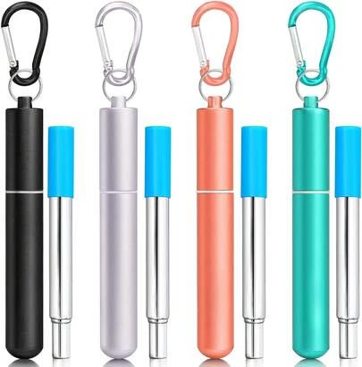 4Packs Reusable Straws, Metal Straw With Silicon, Travel Drinking Straws With Case, Keychain, Cleaning Brushes, Silicon Pcs Perfect For Travel, Gifts (20 PCS) Blue-Black-Silver-Turquoise