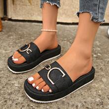 1 Pair Elegant Solid Color Fashion Fabric & Metal Chain Flat Slide Sandals, Suitable For Outdoor Wear In Spring And Autumn - Black - View 4