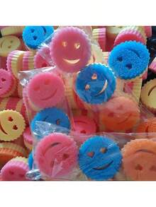 1个心形笑脸双层变温洗碗海绵，多功能不刮伤清洁垫，适用于厨房、客厅、汽车、玻璃等，卡通设计，速干耐用 - 彩色 - 查看 4