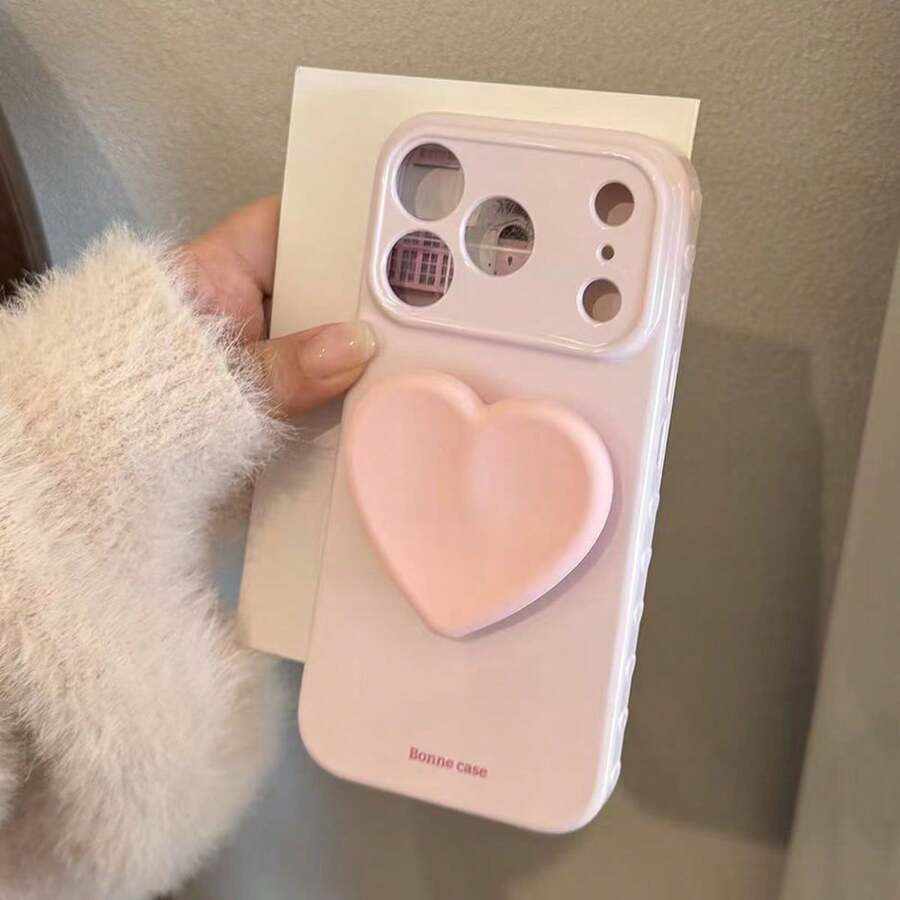 SANRIO 新款哑光粉色亲肤心形支架，多巴胺手机壳，全包覆奢华女士TPU防震手机壳保护套，适用于 11/12/13/14/15/16/17 Pro Max，DIY，侧边心形，撞色设计 - 粉色 - 查看 1